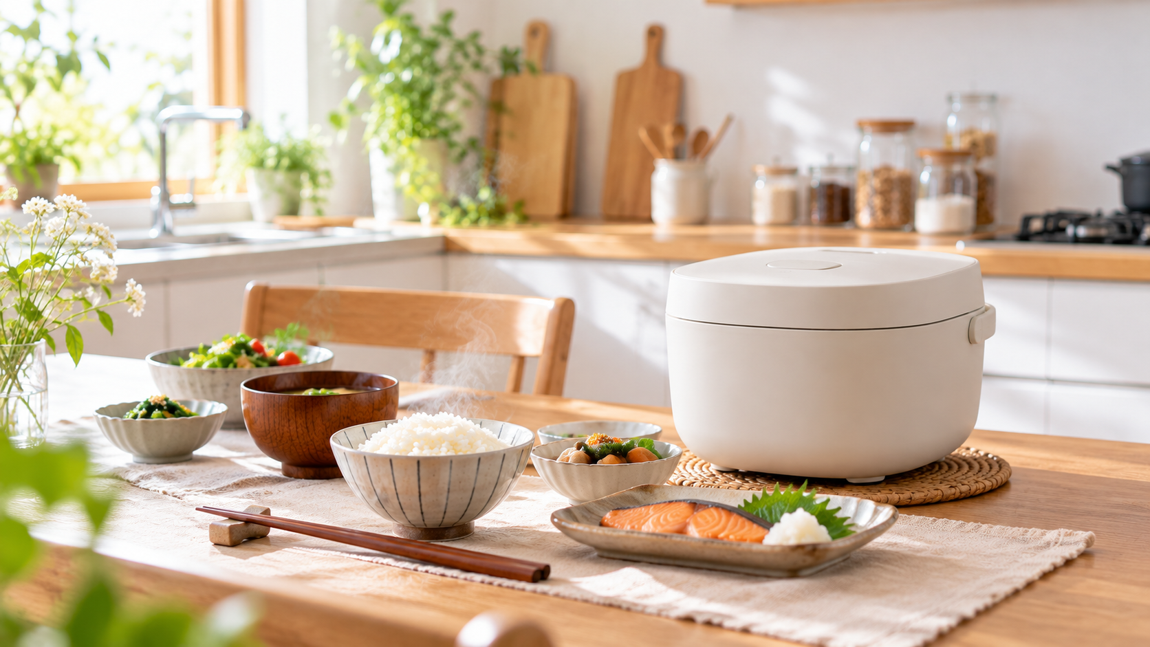 一人暮らし向けの炊飯器と食卓